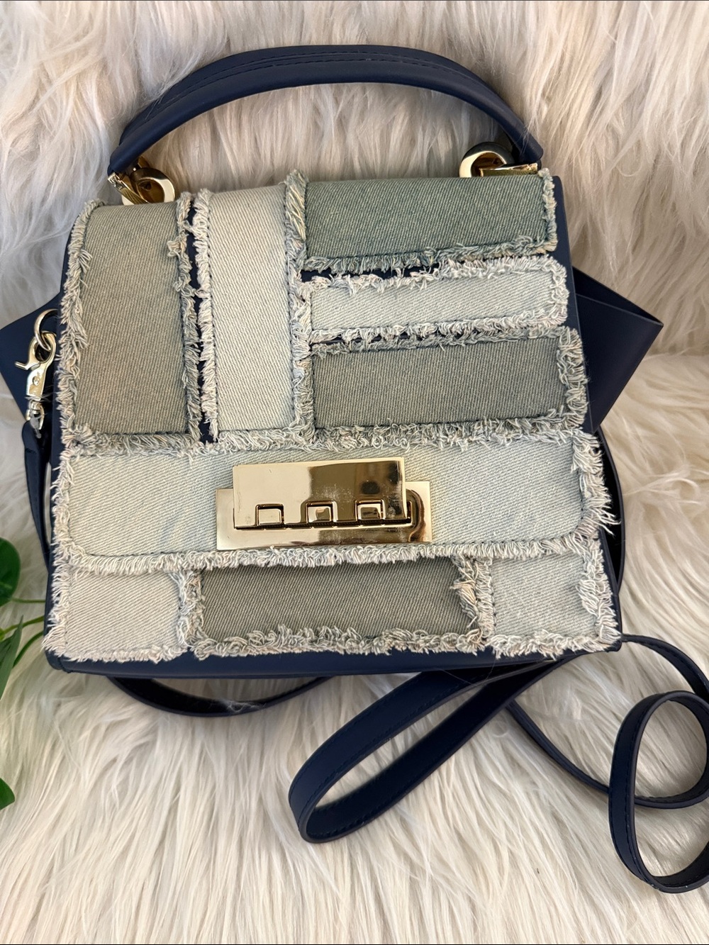 Zac Posen Navy & Light Denim Patchwork Top-Handle Bag